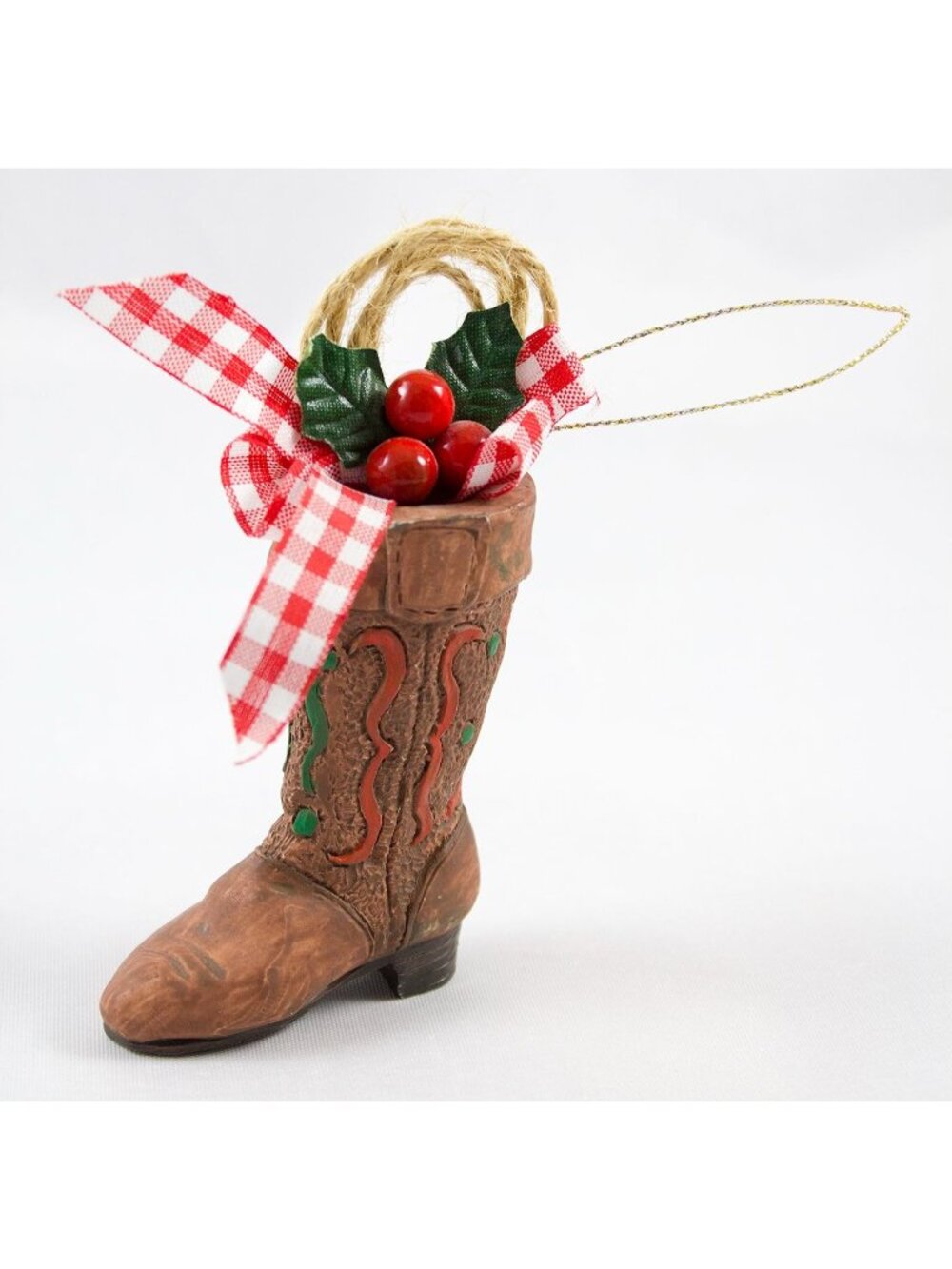 Western Cowboy Boot Resin Christmas Ornament Twine Holly Berries 4.5"